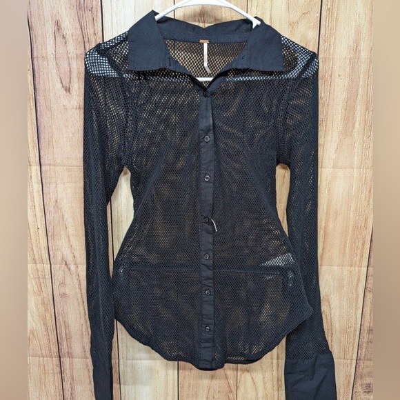 Free People Siggi Button Down Mesh‎ Fishnet Shirt Top S black NWOT - Picture 3 of 9